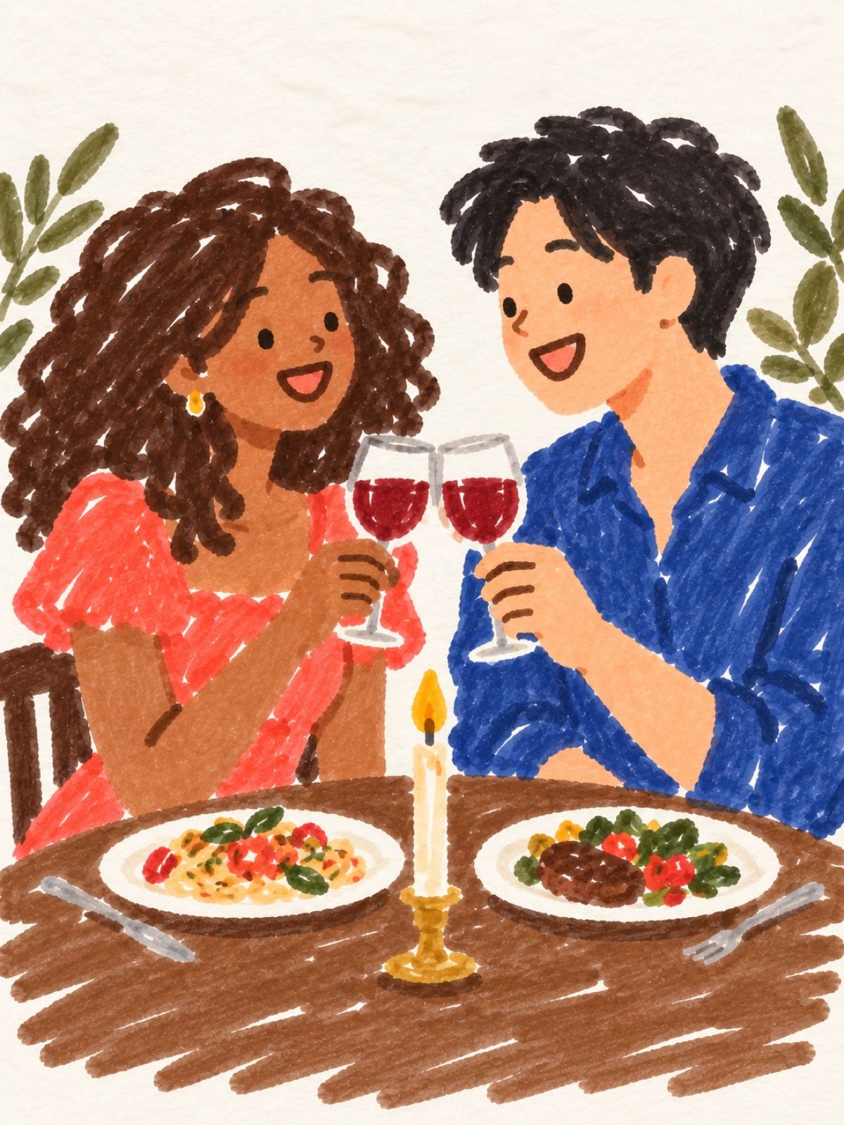 Marker drawing of a couple clinking glasses of red wine over a candlelit dinner