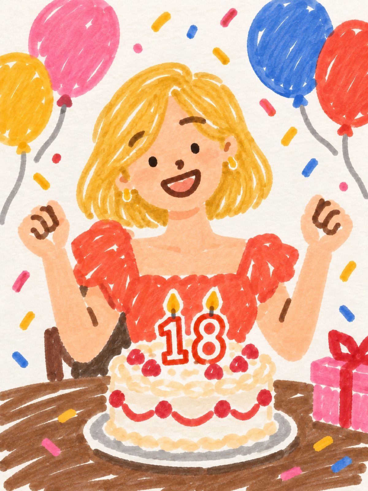 Marker drawing of a girl with a blonde bob cheering behind an 18th birthday cake, with balloons and confetti