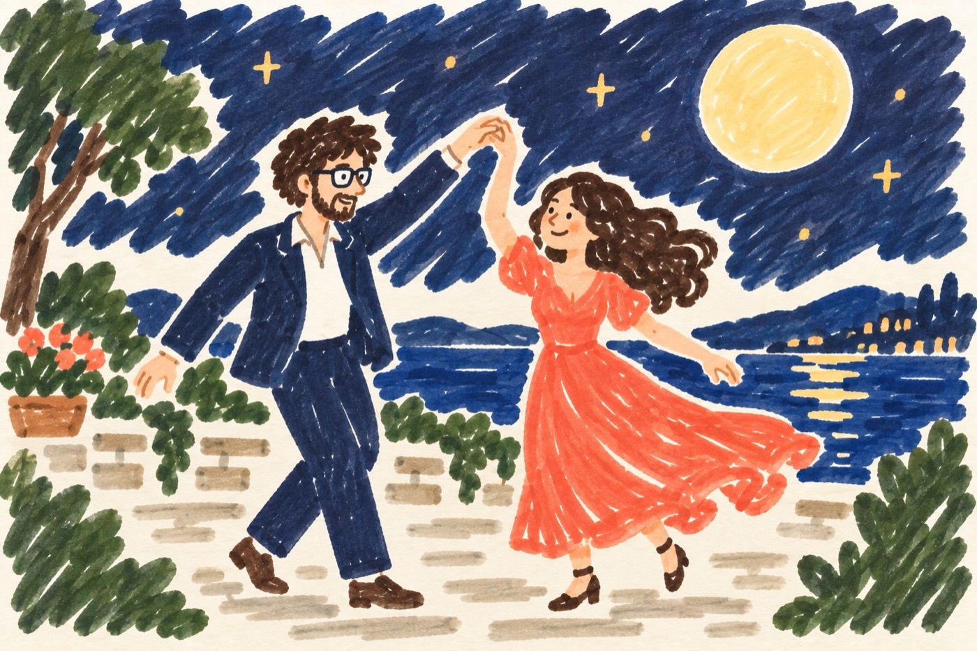 Marker drawing of a couple dancing by the sea under a full moon